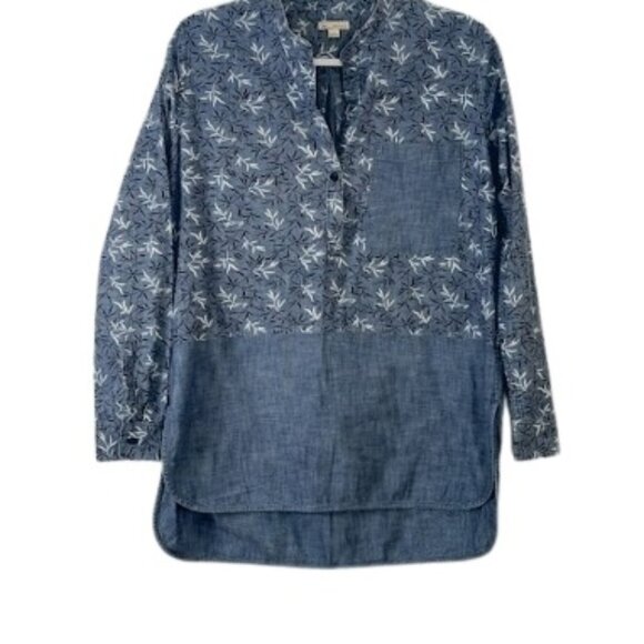 GAP Womens Mandarin Tunic With Pocket Blue Floral Block Cotton Denim S - Picture 1 of 3